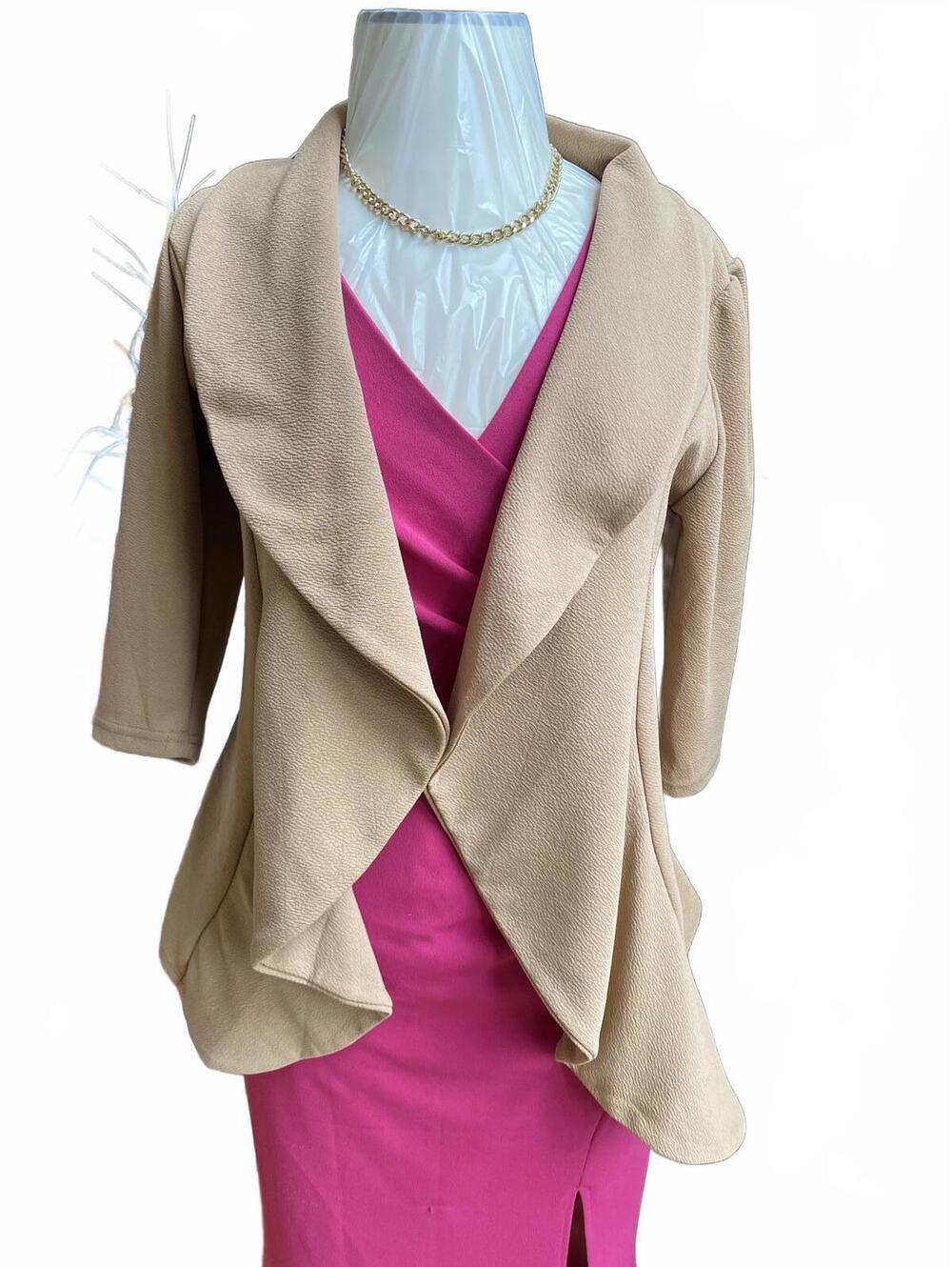 Doublju Beige Open Front Draped Jacket with 3/4 Sleeves Size Medium